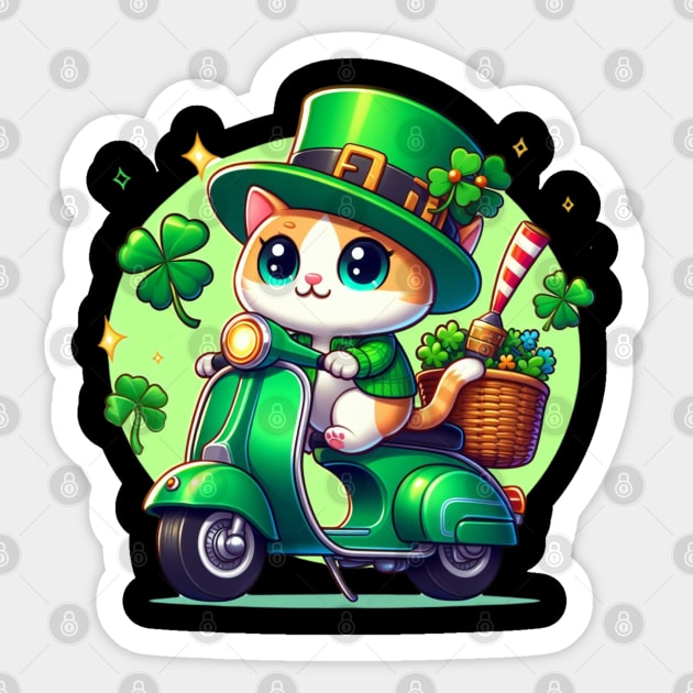 Celebrate St Patricks Day with a cute and colorful Cat on a Motorcycle design Sticker by click2print